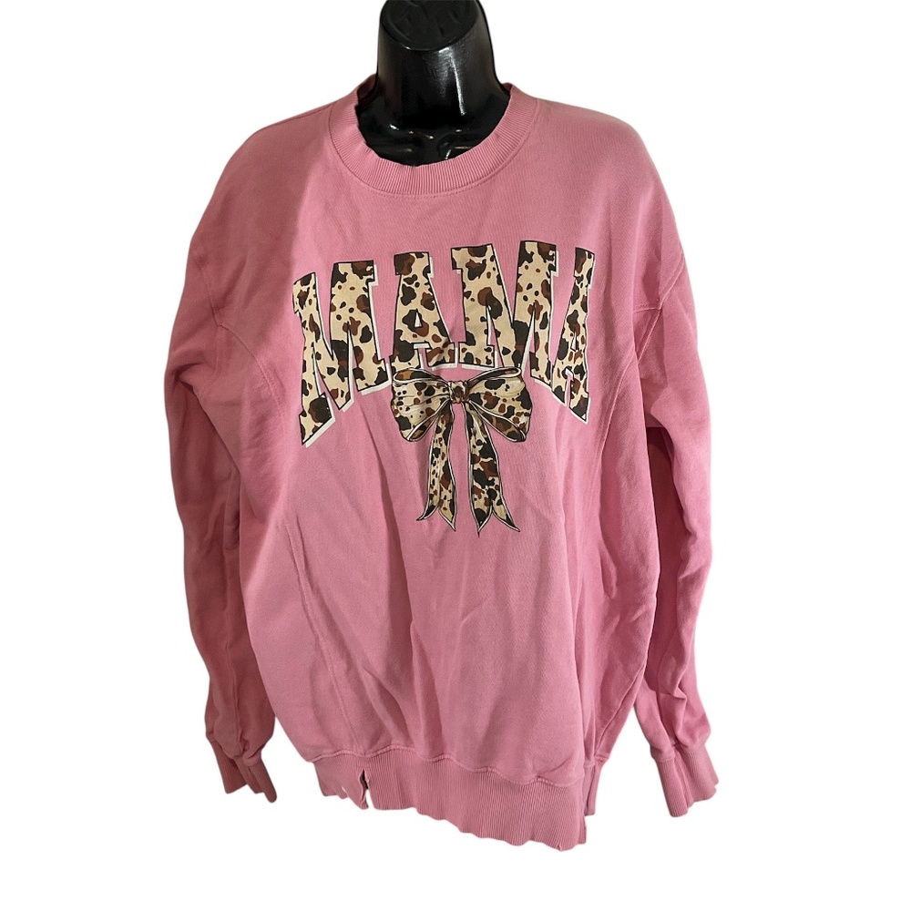 Simply Southern Mama Cow Print Pink Sweater Size Medium